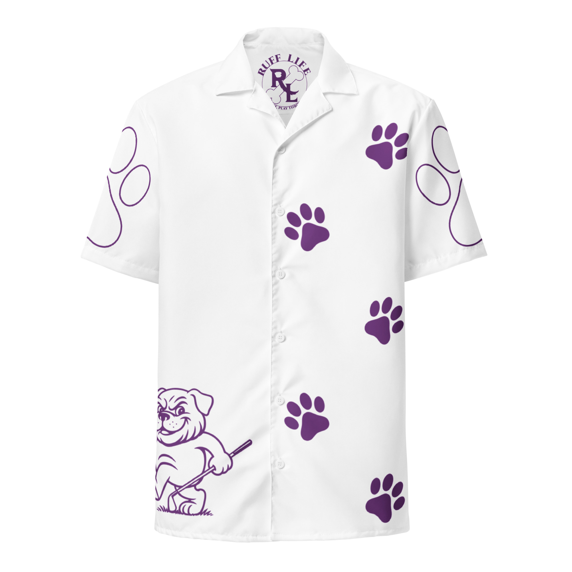 Ruff Life's "Footwork" Golf Shirt (Purple on White)