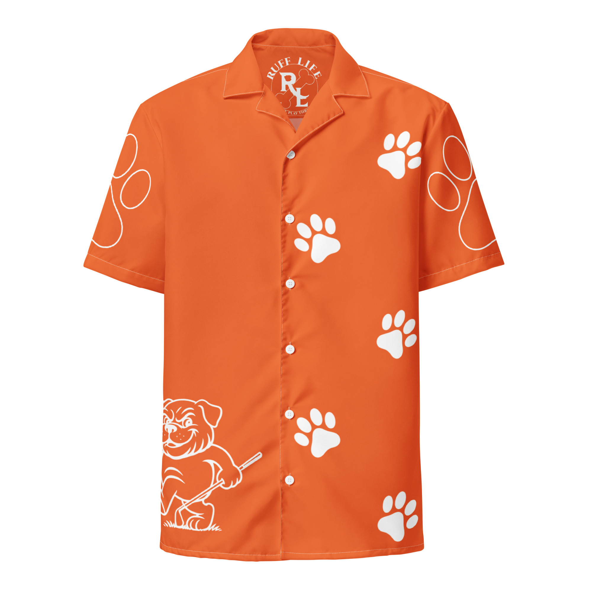 Ruff Life's "Footwork" Golf Shirt (White on Orange)