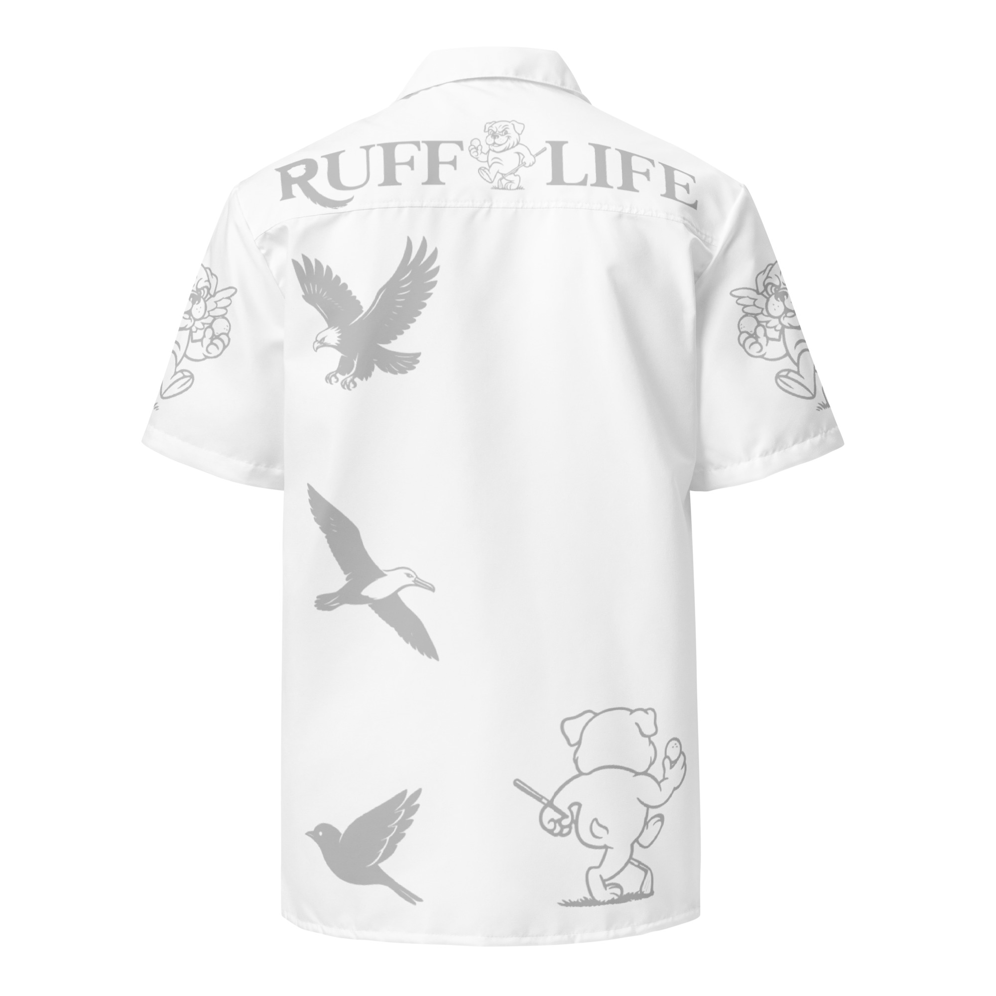 Ruff Life's "Chasing Birdies" Golf Shirt (Silver on White)