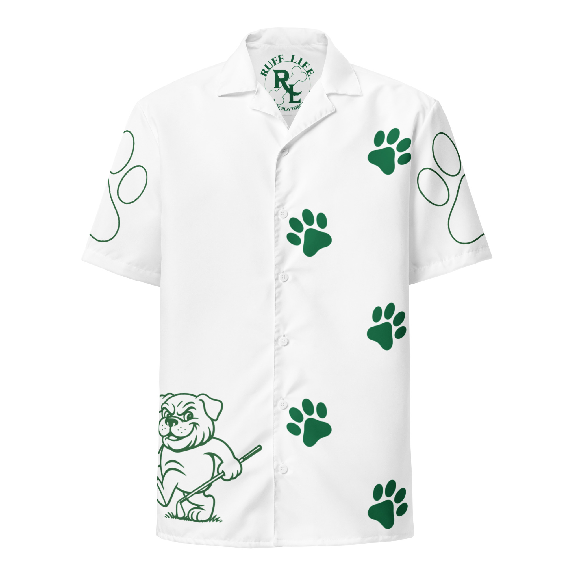 Ruff Life's "Footwork" Golf Shirt (Green on White)