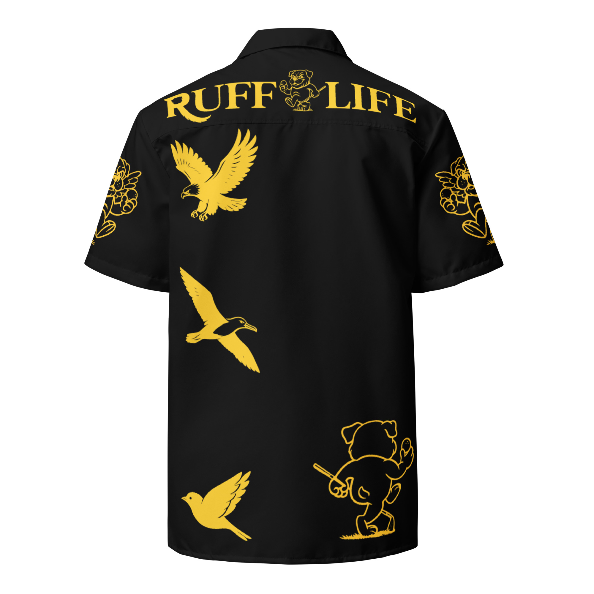 Ruff Life's "Chasing Birdies" Golf Shirt (Gold on Black)