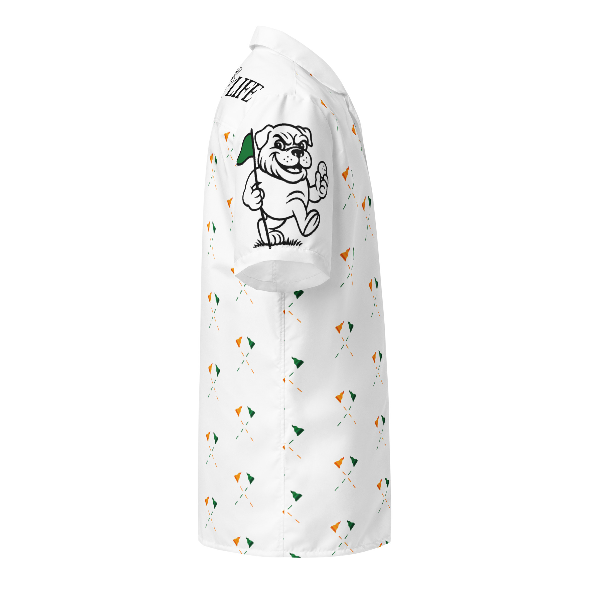 Ruff Life's "Pull the Pin" Golf Shirt (Green and Orange)