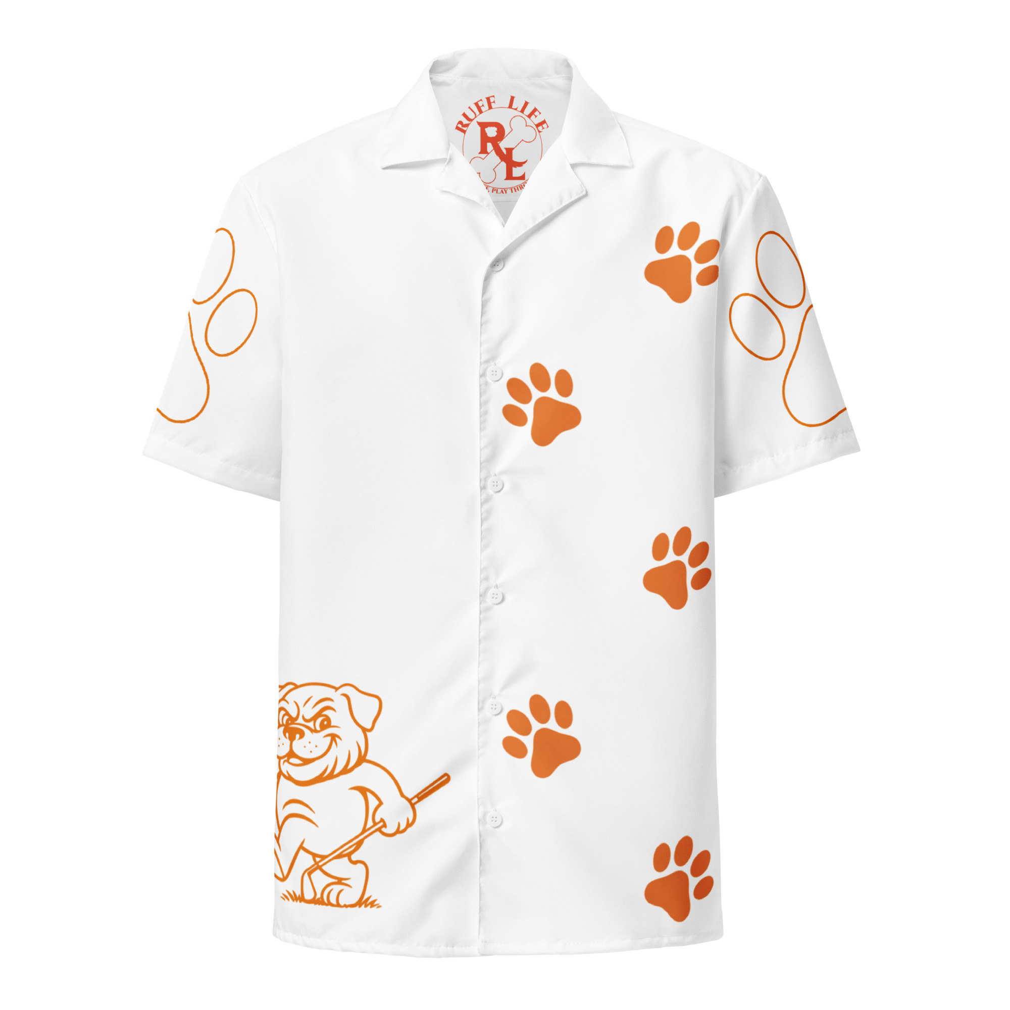 Ruff Life's "Footwork" Golf Shirt (Orange on White)