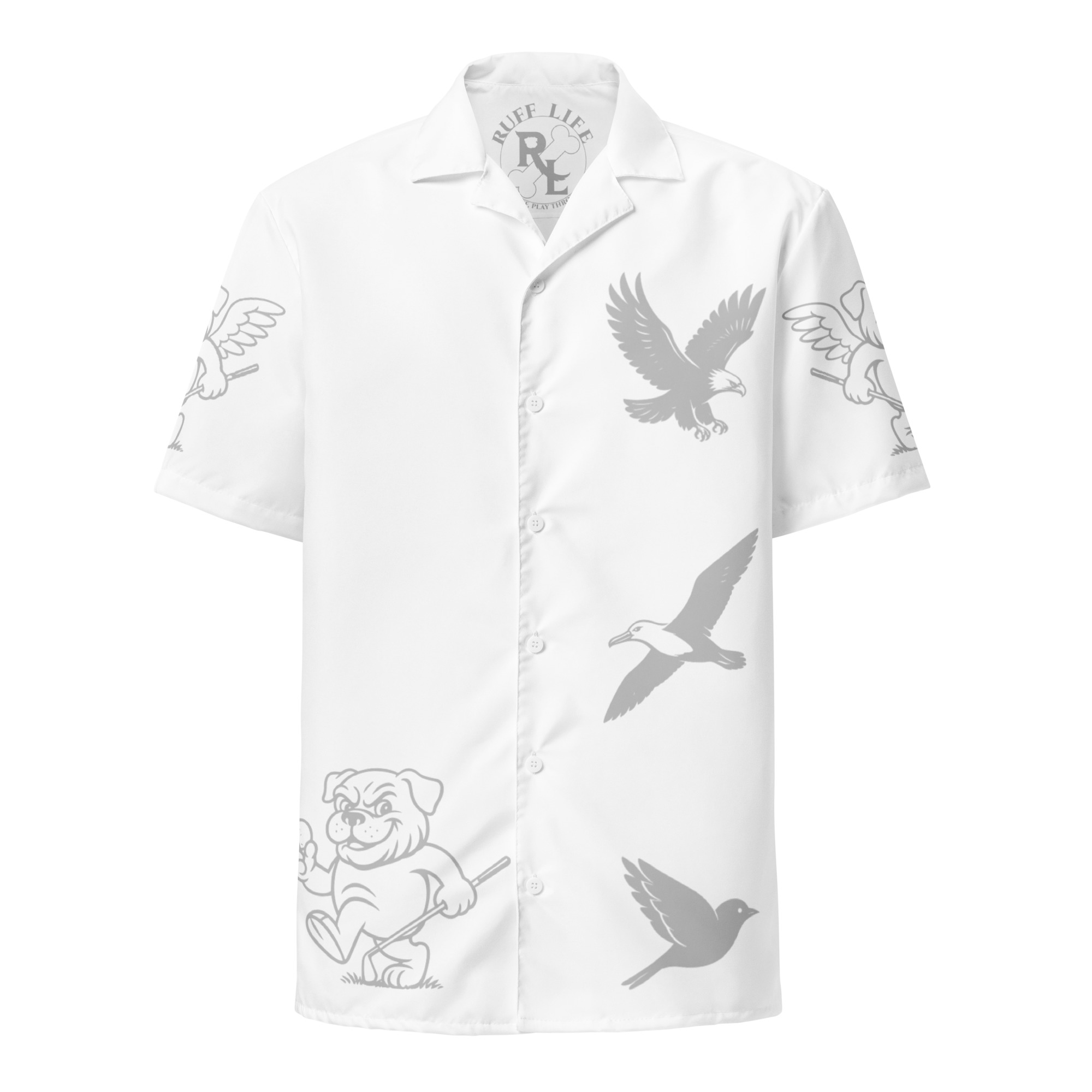 Ruff Life's "Chasing Birdies" Golf Shirt (Silver on White)