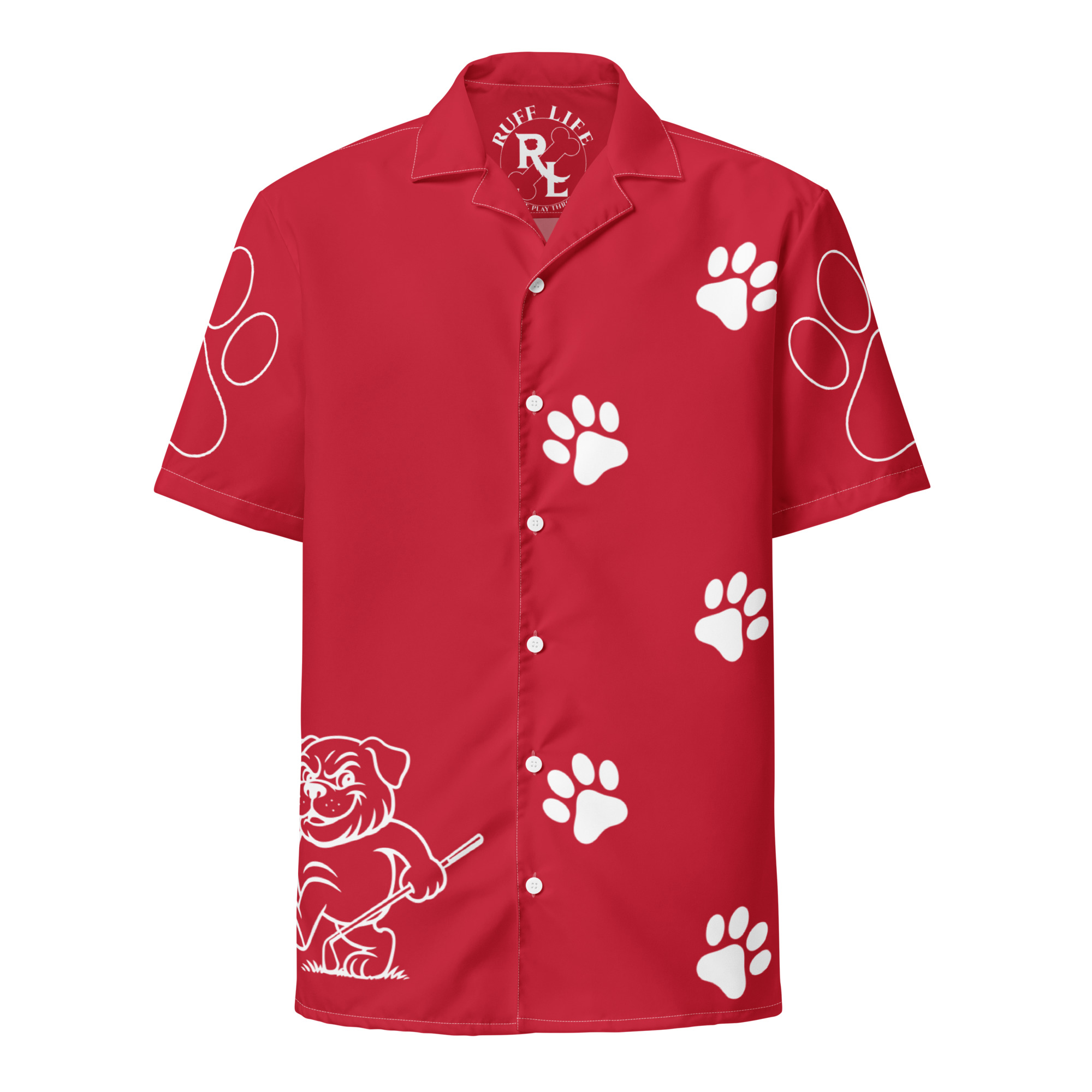 Ruff Life's "Footwork" Golf Shirt (White on Red)