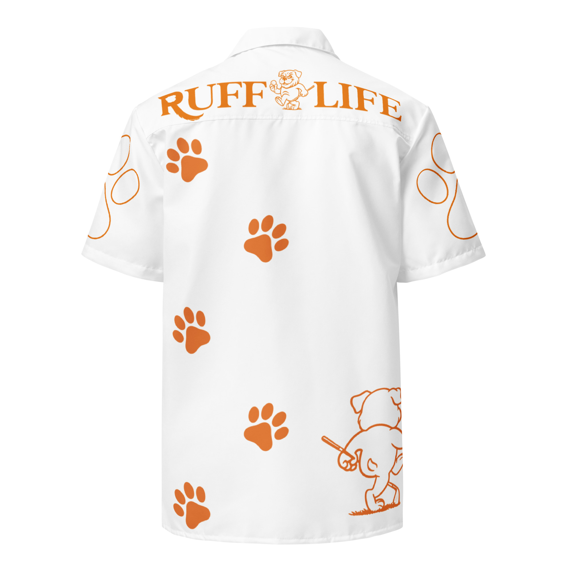 Ruff Life's "Footwork" Golf Shirt (Orange on White)