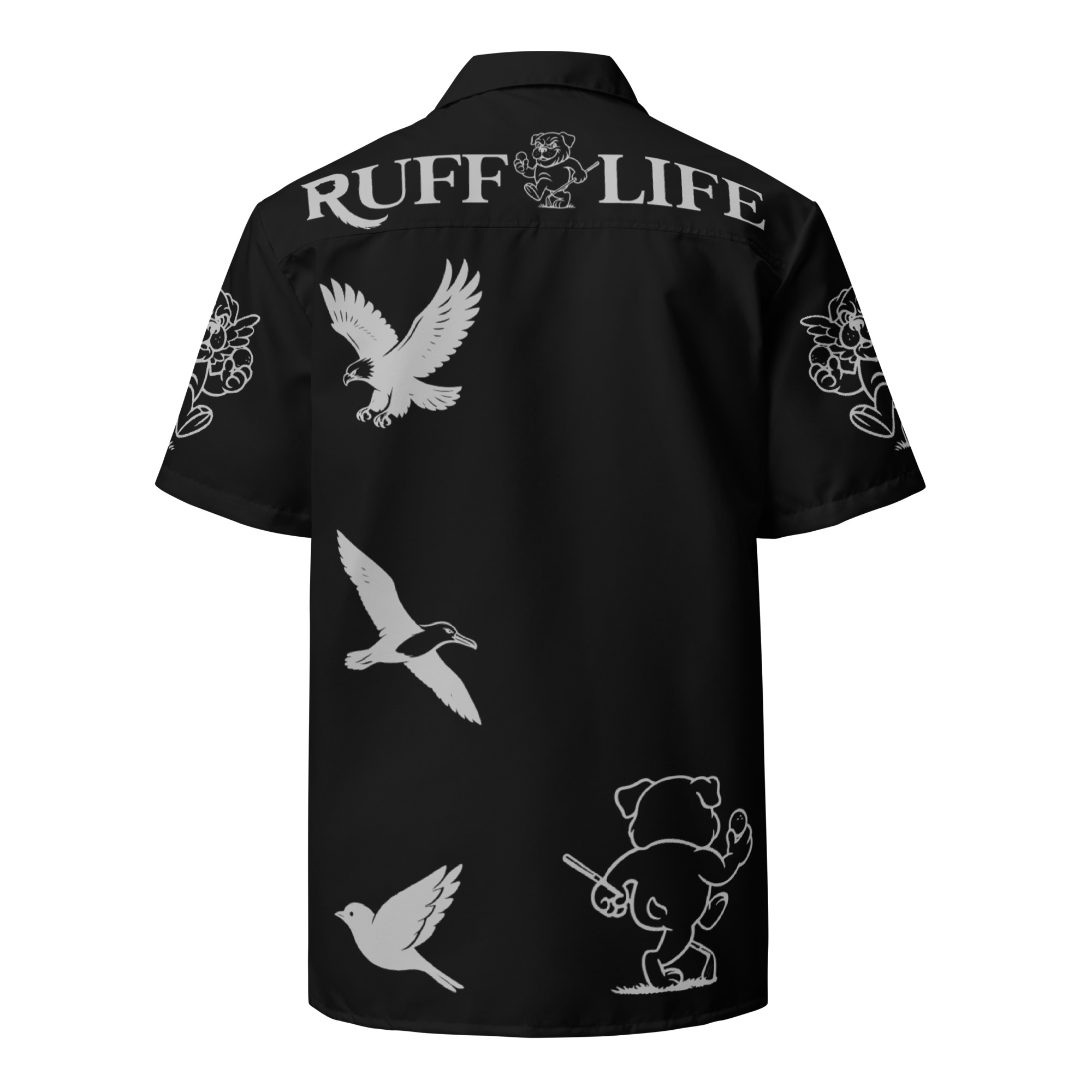 Ruff Life's "Chasing Birdies" Golf Shirt (Silver on Black)