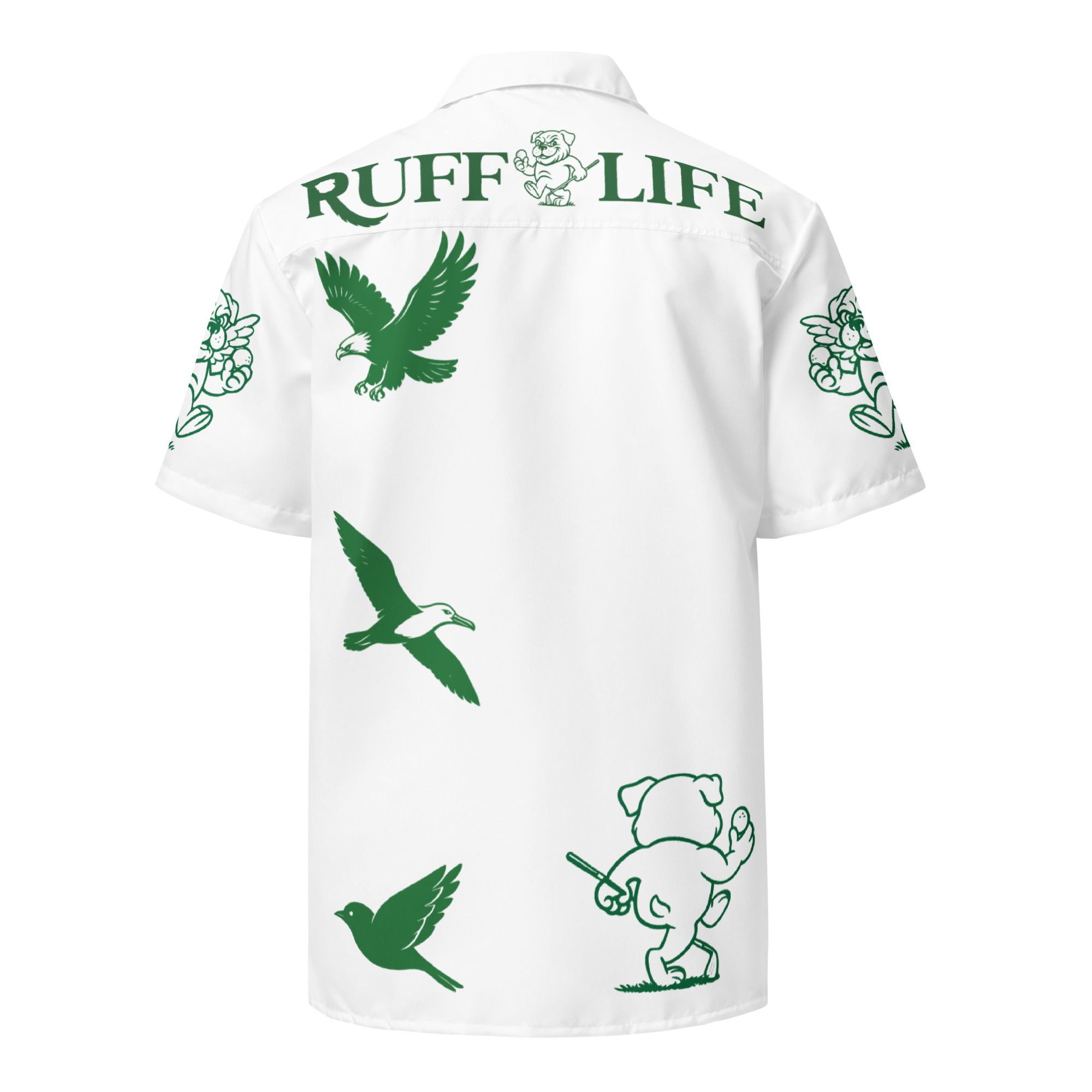 Ruff Life's "Chasing Birdies" Golf Shirt (Green on White)