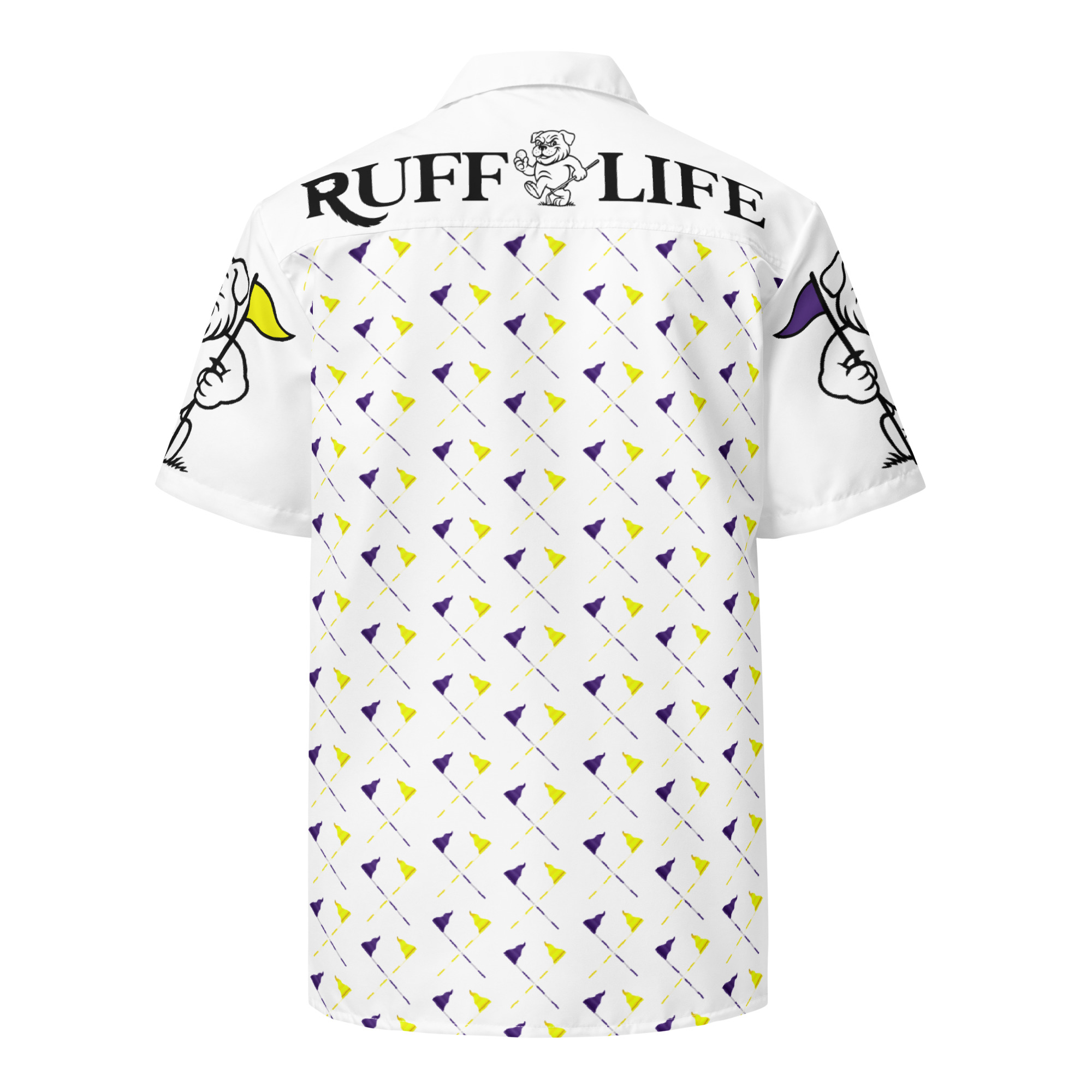 Ruff Life's "Pull the Pin" Golf Shirt (Purple and Gold)