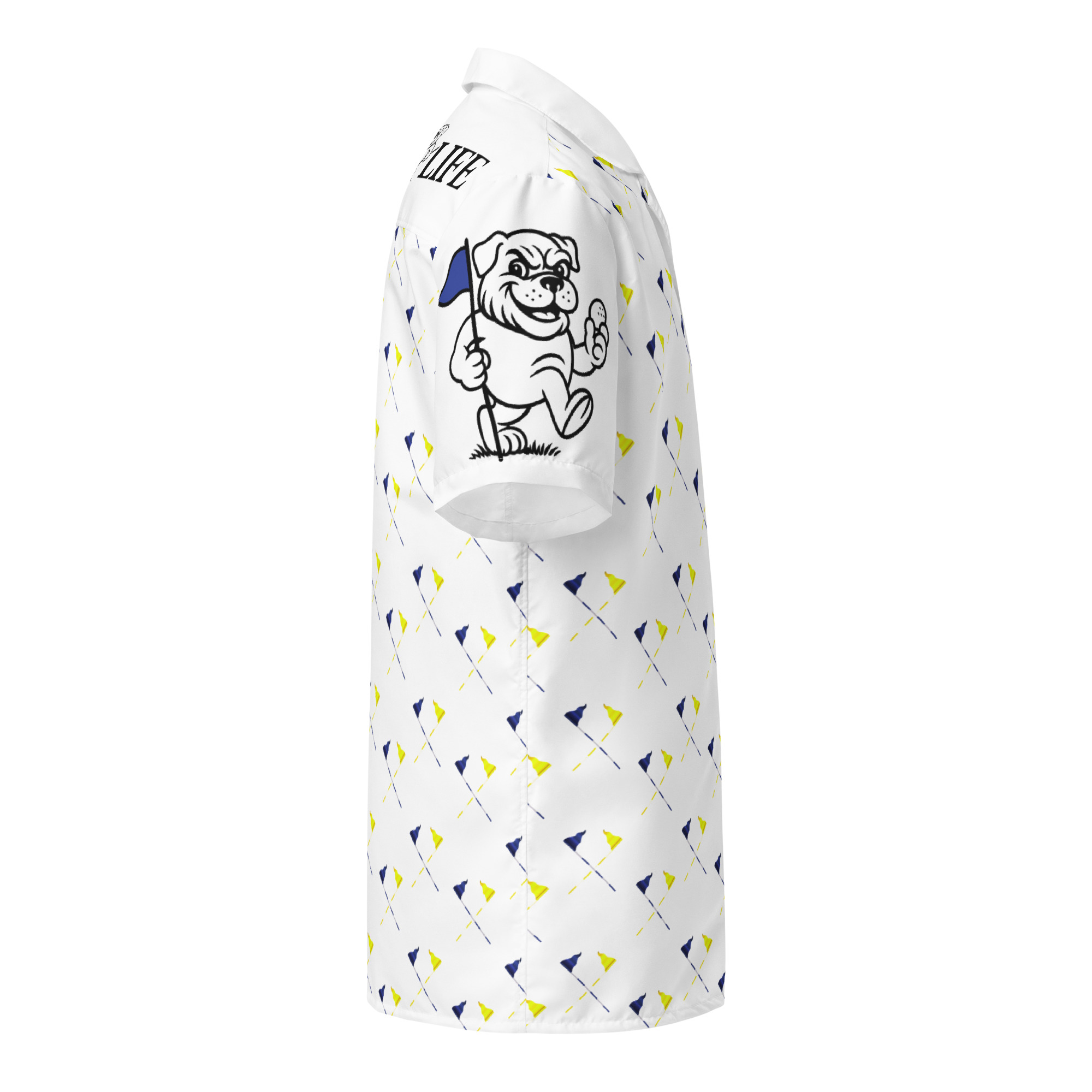 Ruff Life's "Pull the Pin" Golf Shirt (Blue and Gold)