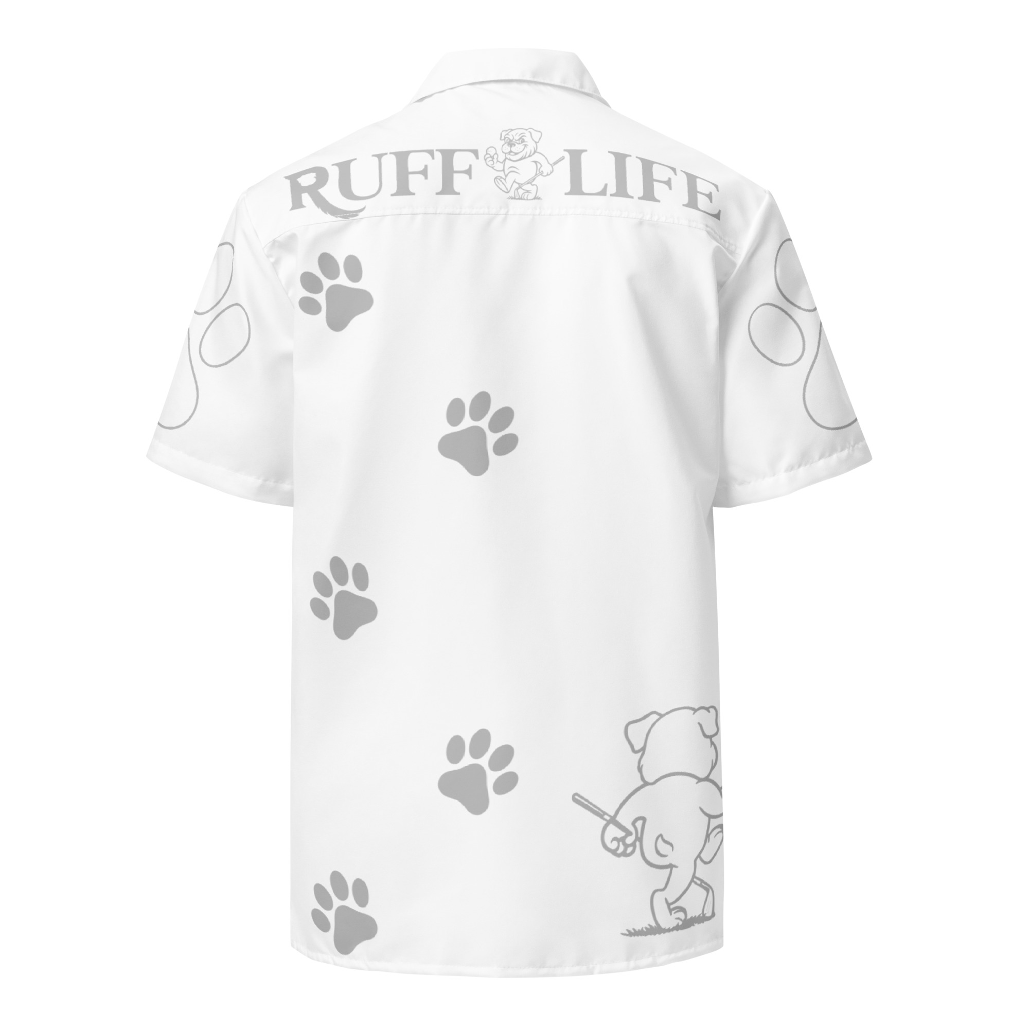 Ruff Life's "Footwork" Golf Shirt (Silver on White)