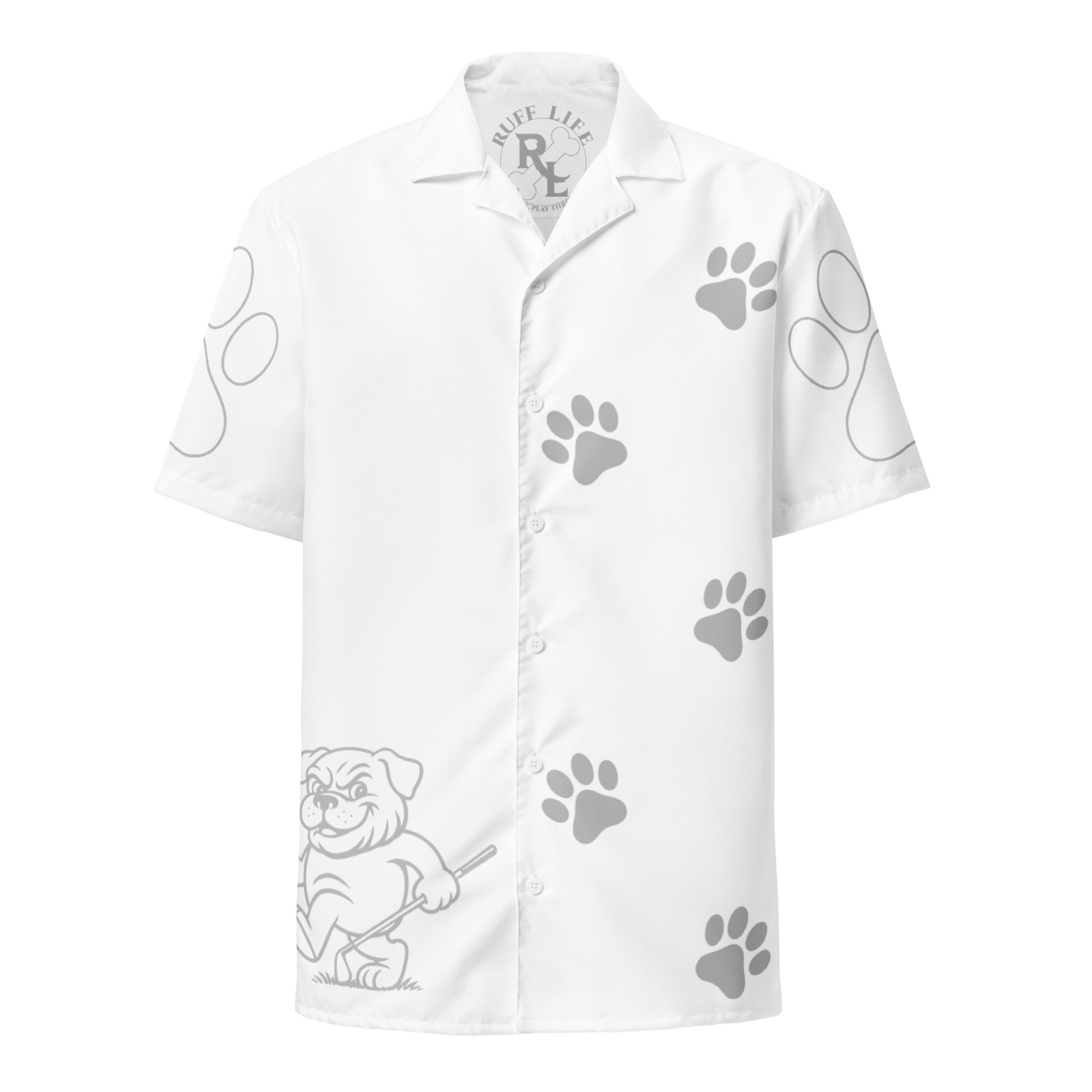 Ruff Life's "Footwork" Golf Shirt (Silver on White)