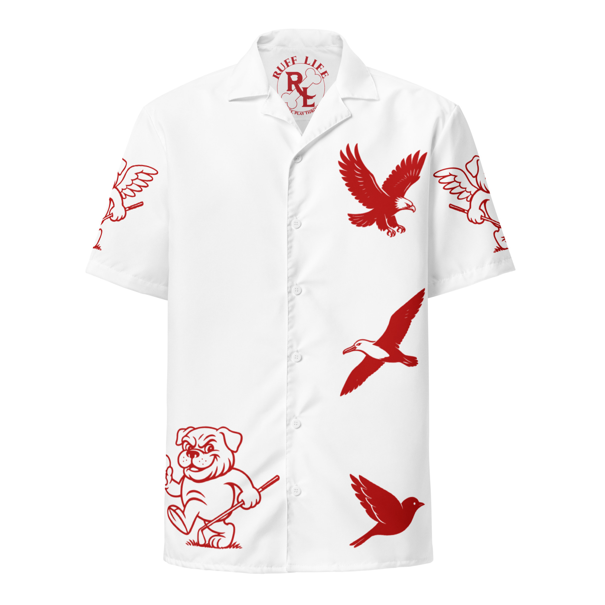 Ruff Life's "Chasing Birdies" Golf Shirt (Red on White)