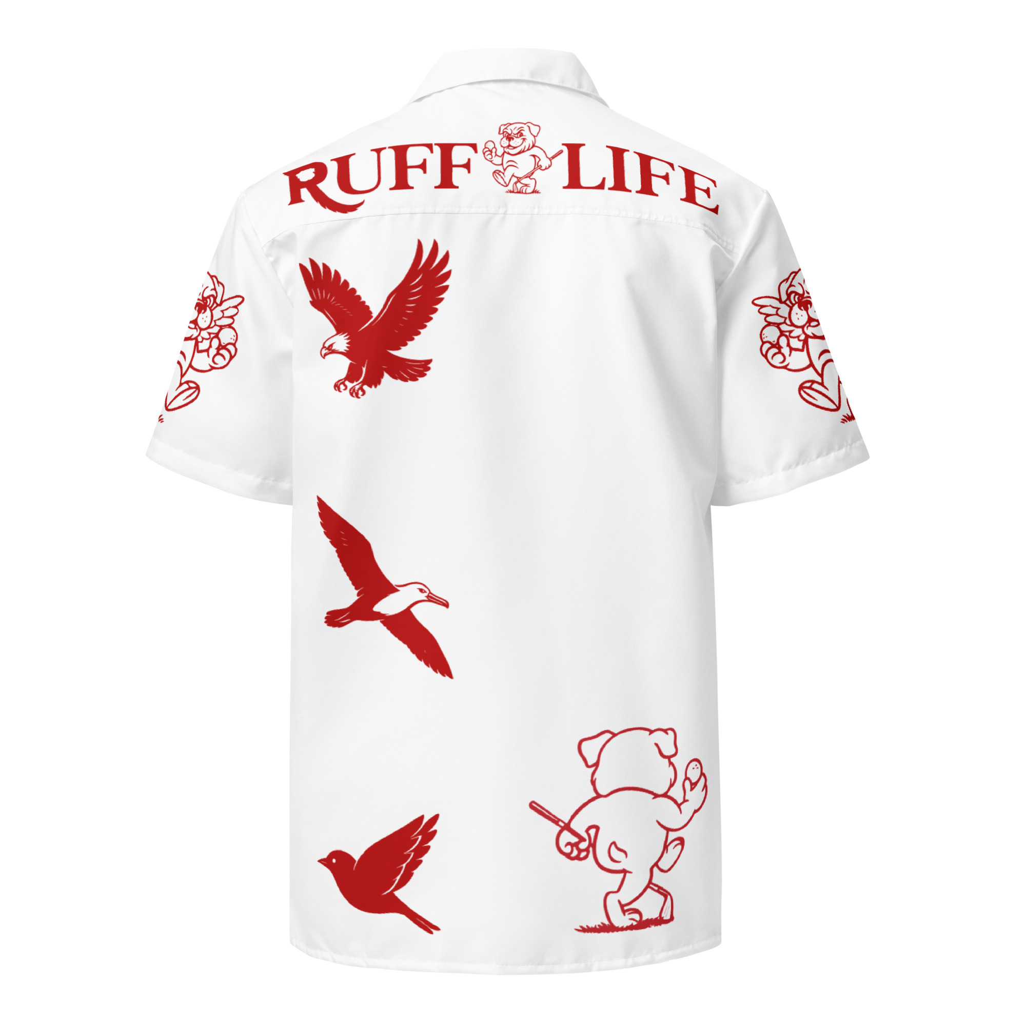 Ruff Life's "Chasing Birdies" Golf Shirt (Red on White)