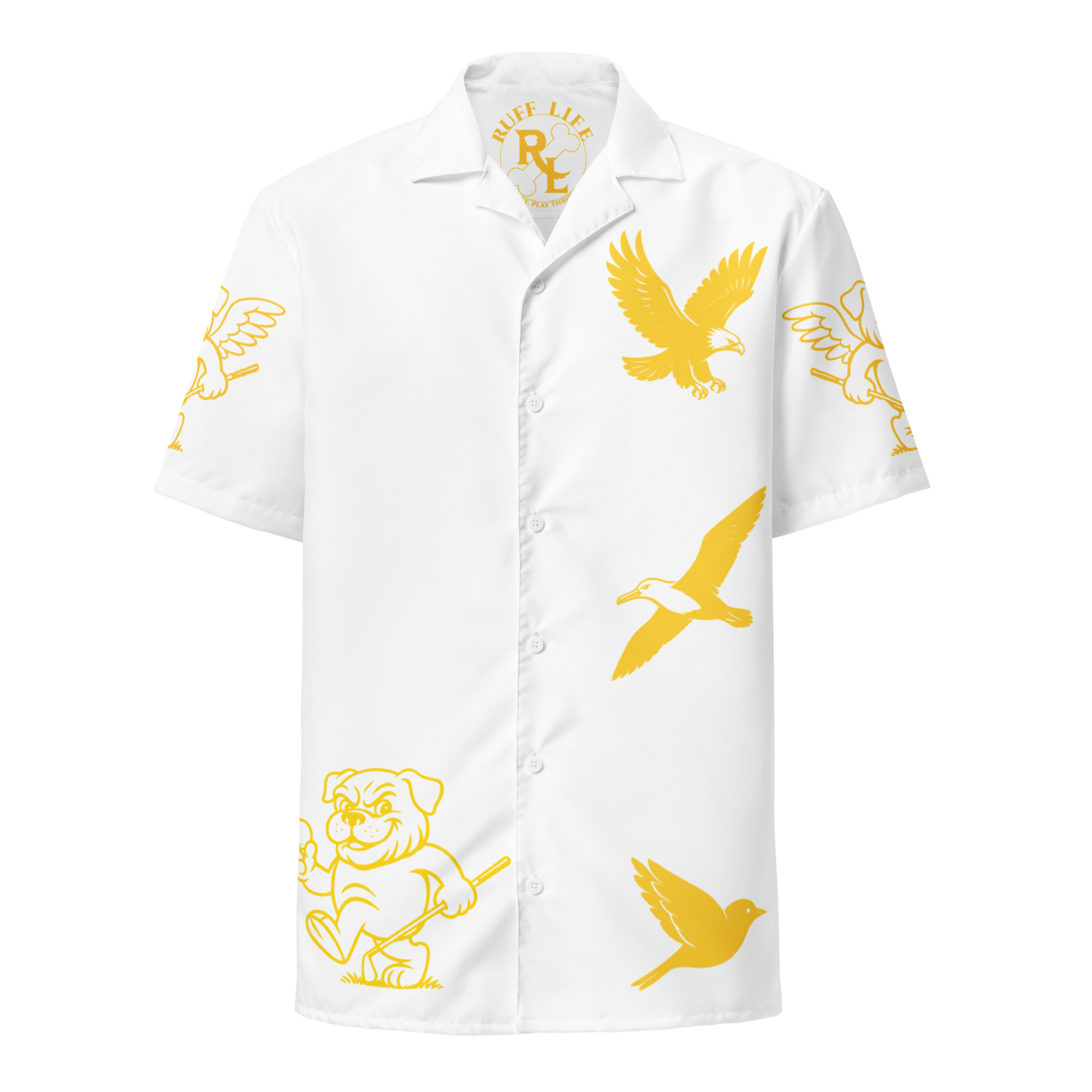 Ruff Life's "Chasing Birdies" Golf Shirt (Gold on White)