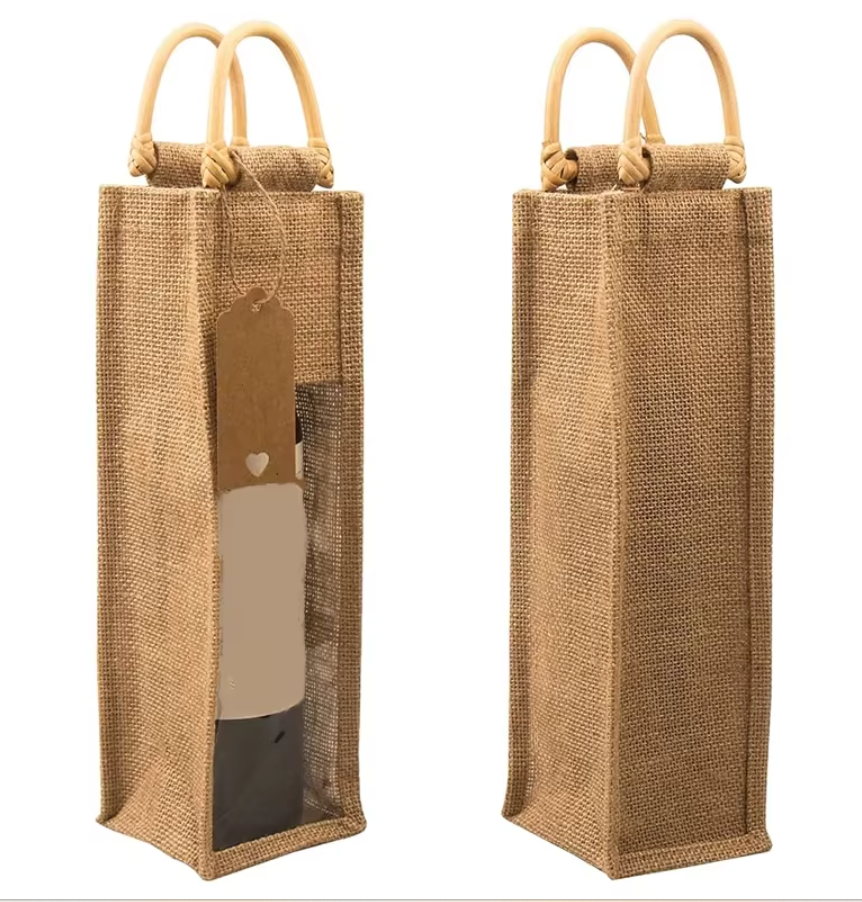 Jute drinks Bottle Bag with Bamboo Handles