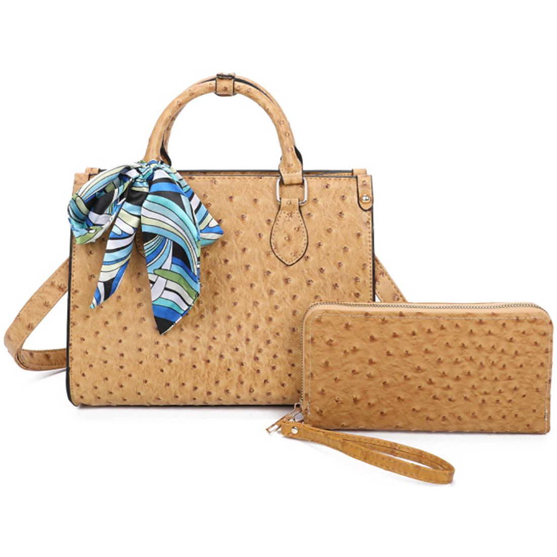 Elegant Ostrich Pattern Handbag and Wallet Set