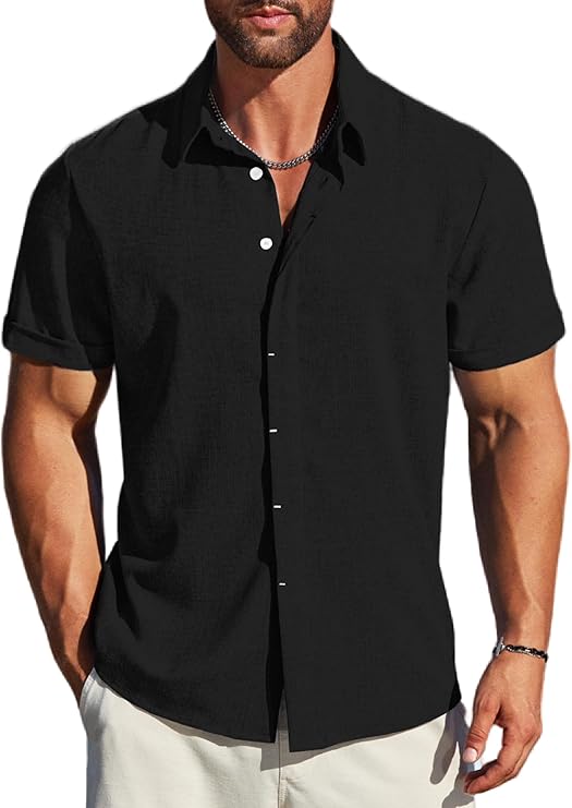 Men's Short Sleeve Black Button-Up Shirt