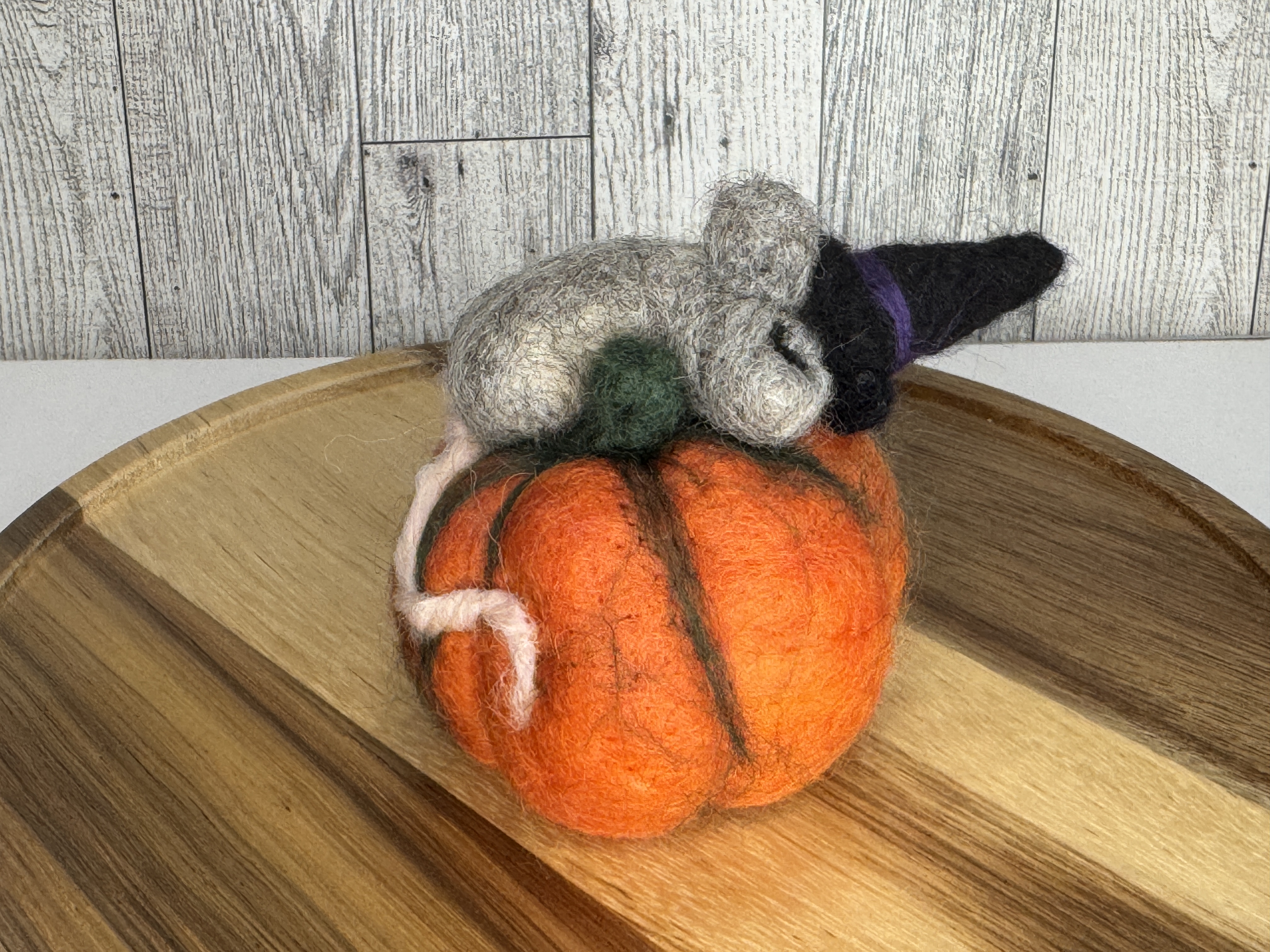 Needle Felted Mouse Witch on Pumpkin