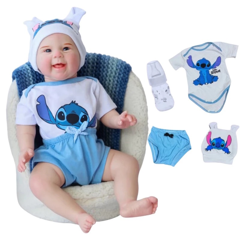 Bebê Reborn Realista Menino de Silicone  Pode dar Banho Conjunto de Roupas Bebê Stitch