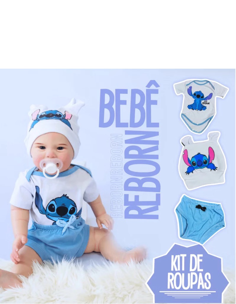 Bebê Reborn Realista Menino de Silicone  Pode dar Banho Conjunto de Roupas Bebê Stitch