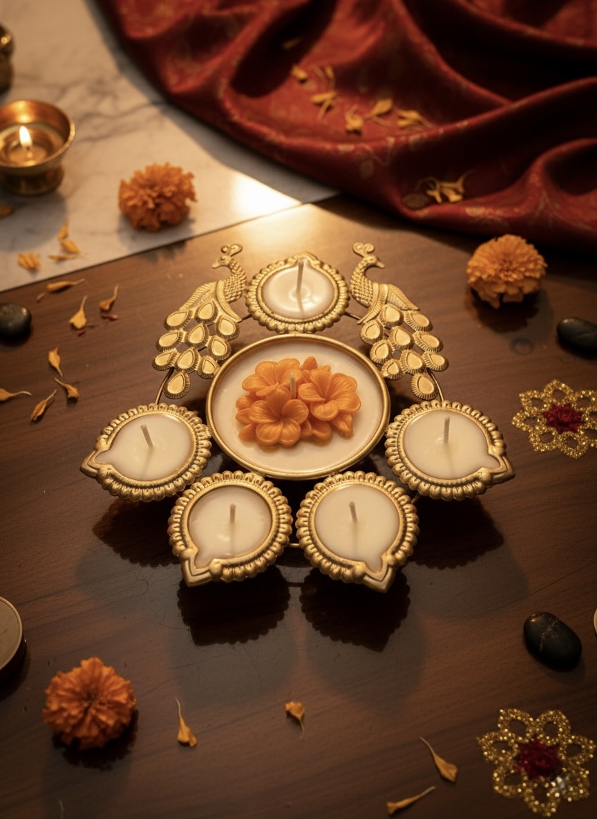 Peacock Urli Candle – Diwali Festive Centerpiece