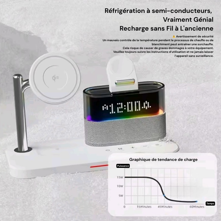 ⚡ Chargez tout en un seul geste ! Station 5-en-1 sans fil – Design magnétique + Réveil LED