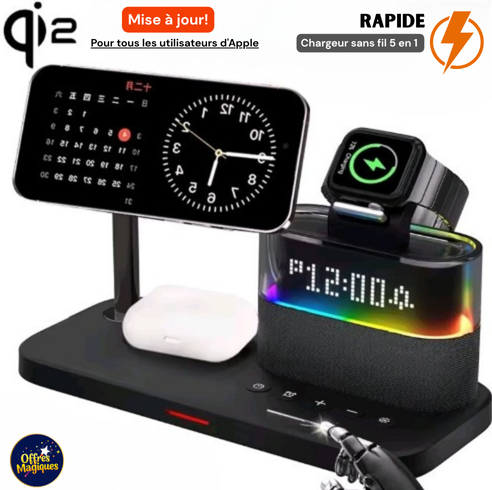 ⚡ Chargez tout en un seul geste ! Station 5-en-1 sans fil – Design magnétique + Réveil LED