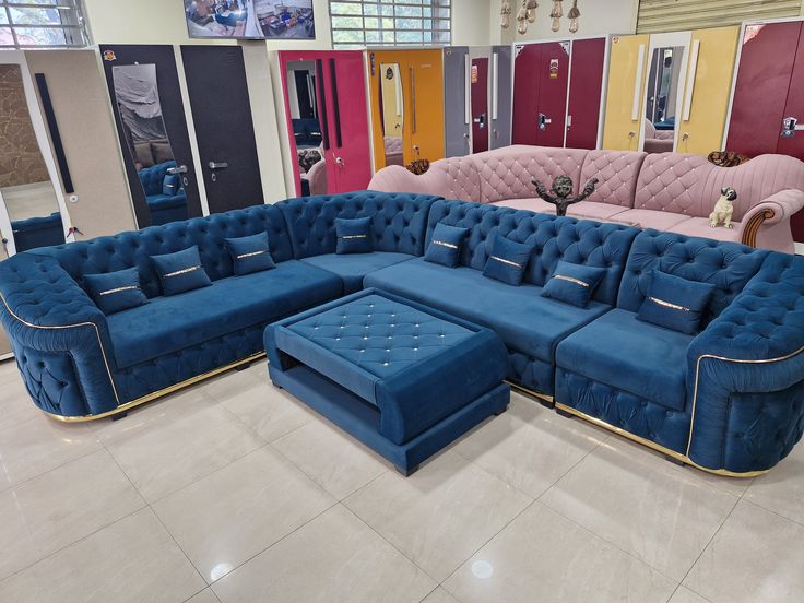 Luxury Blue Velvet Sectional Sofa Set