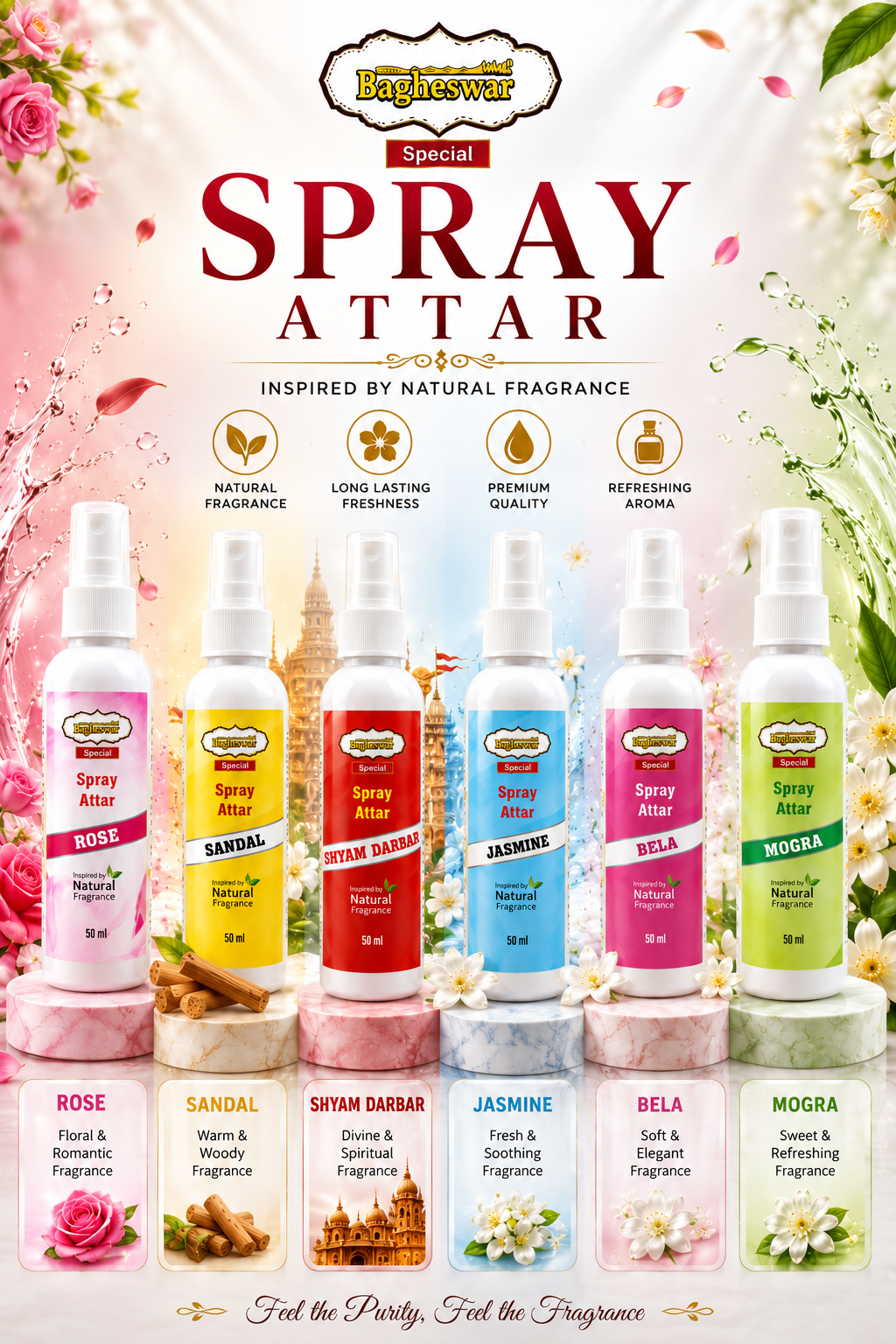 Bagheswar Spray Attar Set – 6 Divine Fragrances (50ml Each)(pack of 12 pieces)