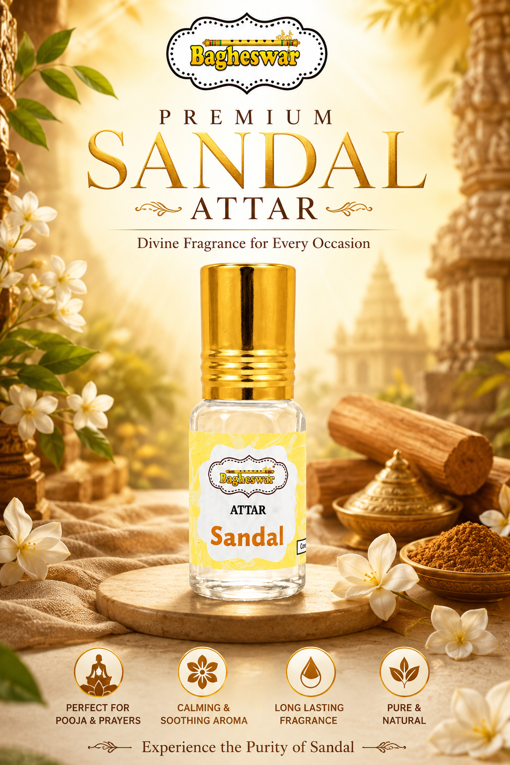 bagheswar Roll on Sandal Attar-5ml ( Pack of 12 pieces) 