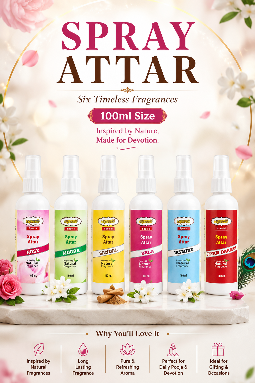 Bagheswar Heritage Spray Attar Collection – 6 Divine Fragrances (100ml Each)(pack of 12 pieces)