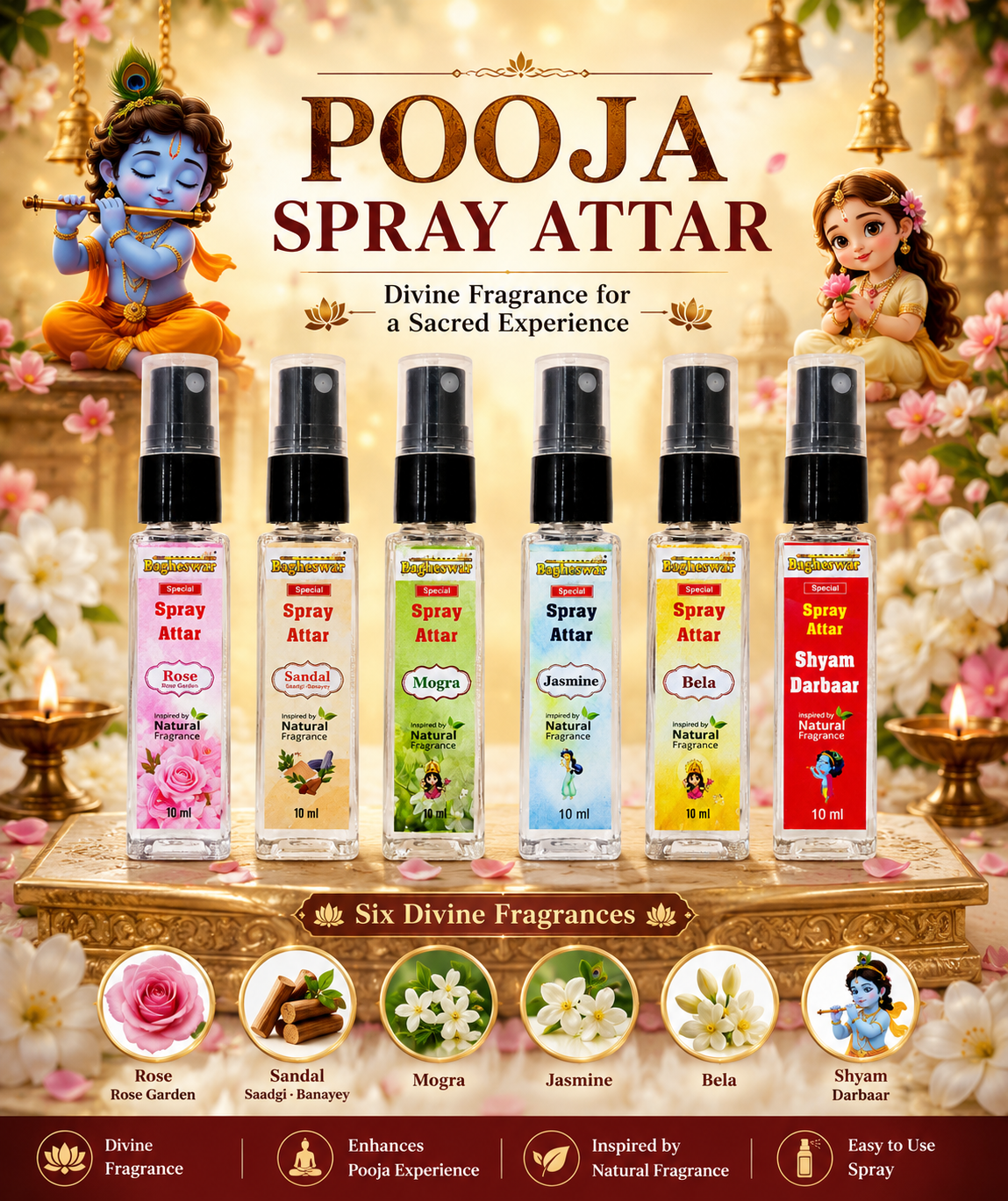 Bagheswar Pooja Spray Attar Set of 6 flavours (pack of 12 Pieces)