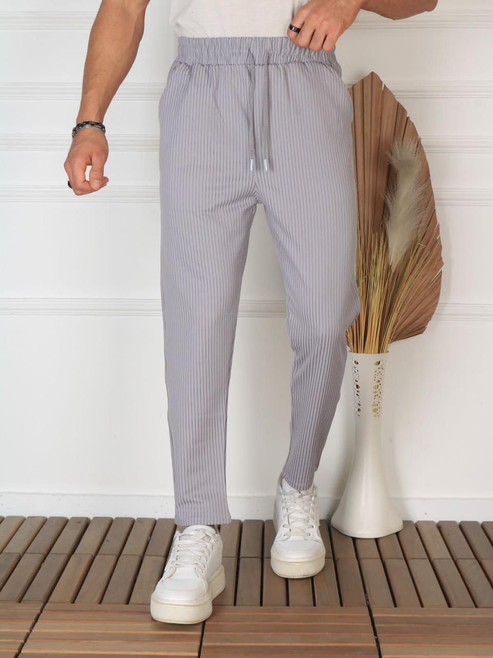 Beige Pinstripe Jogger Pants