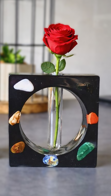 Soliflore en résine époxy et pierre naturelle Obsidienne noire