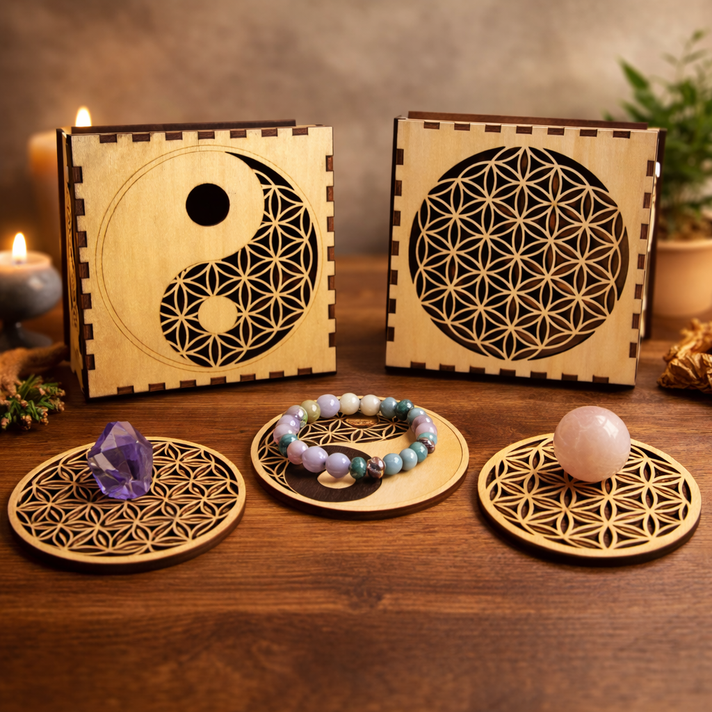 Socle énergisant plat motif petite Fleur de Vie/ Grosse fleur de vie / Fleur de vie Ying Yang