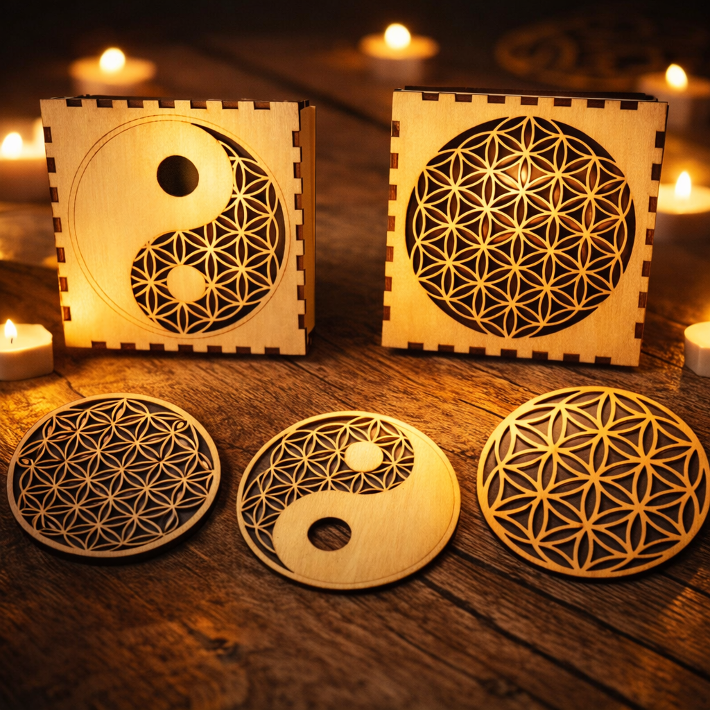 Socle énergisant plat motif petite Fleur de Vie/ Grosse fleur de vie / Fleur de vie Ying Yang