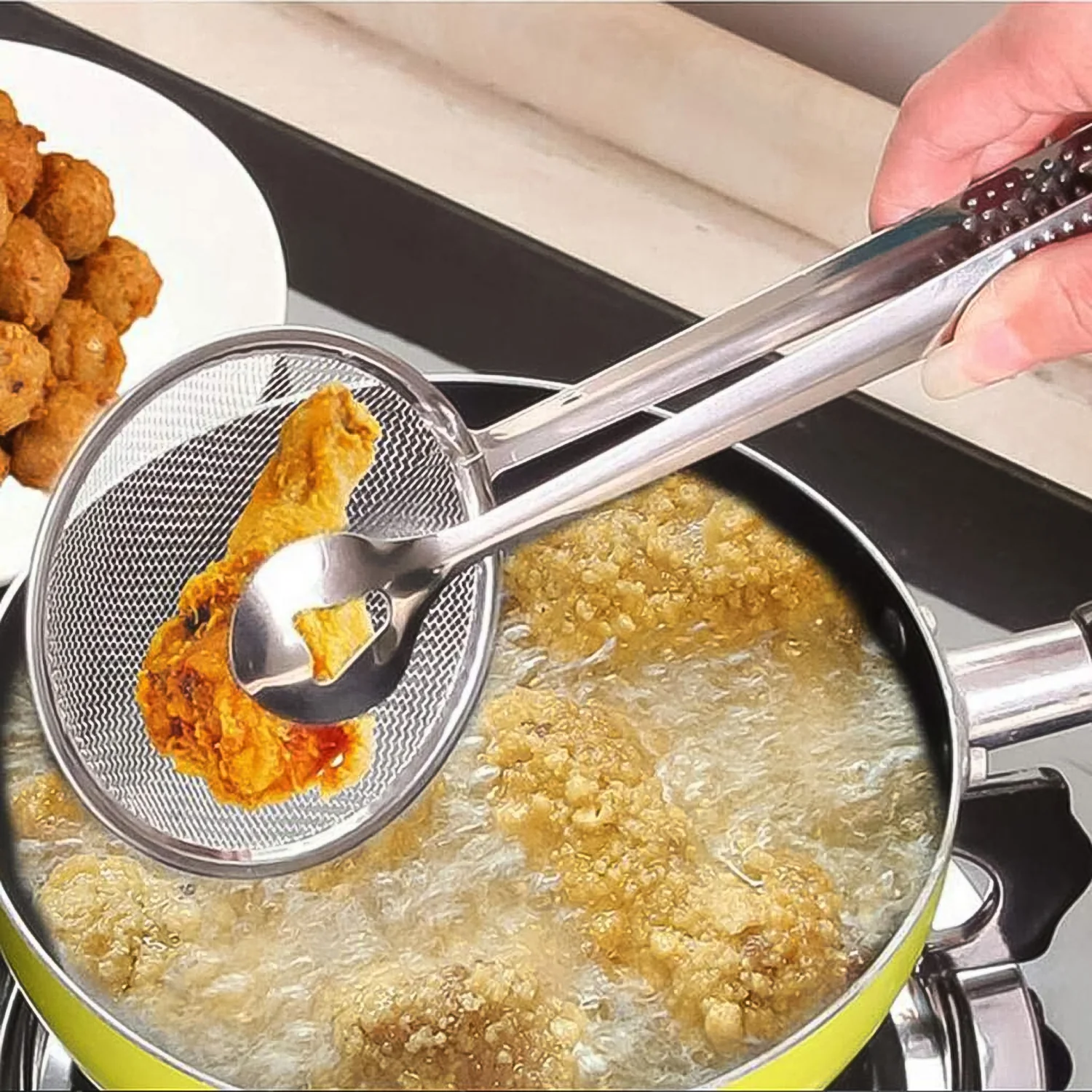 Stainless Steel Frying Tongs with Strainer