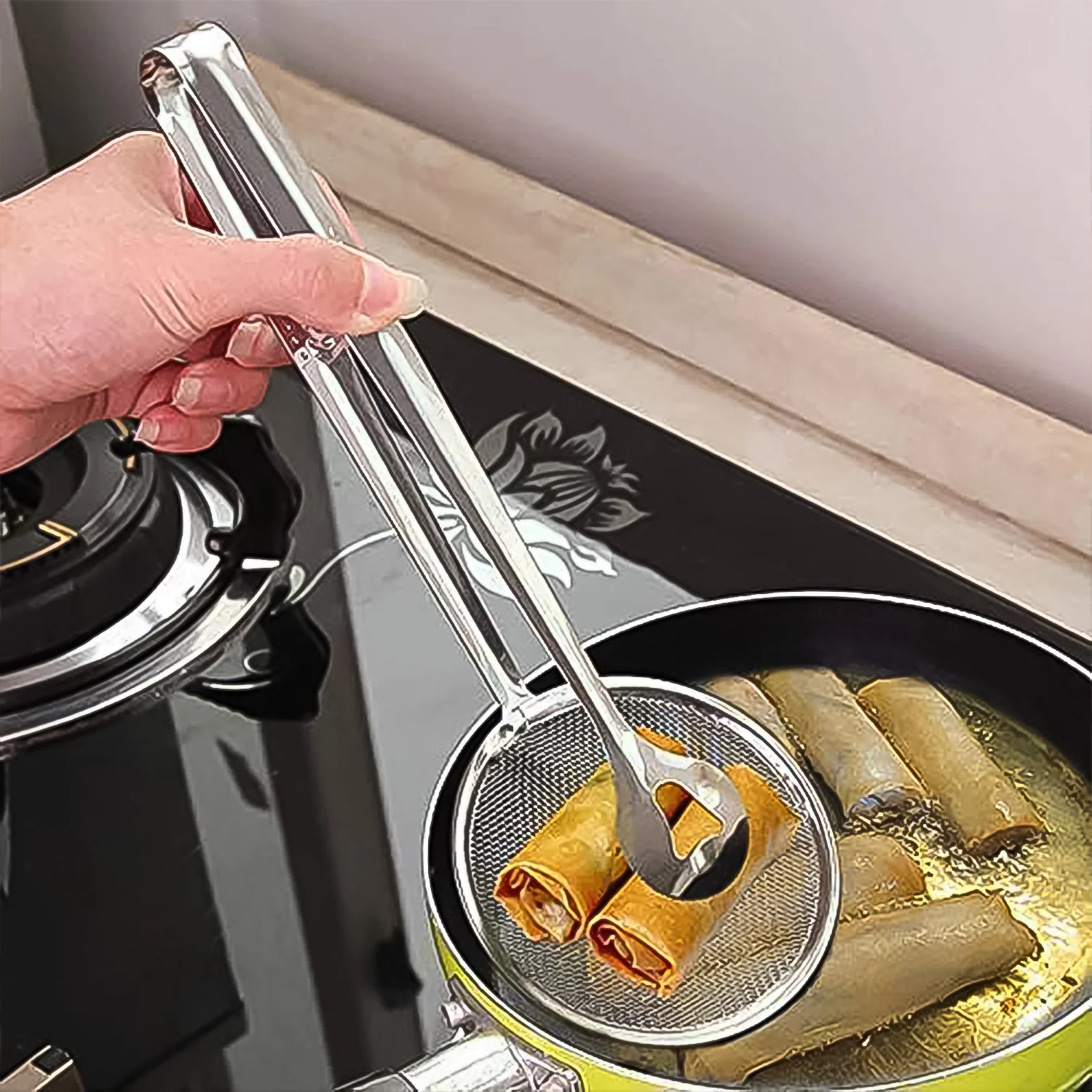 Stainless Steel Frying Tongs with Strainer