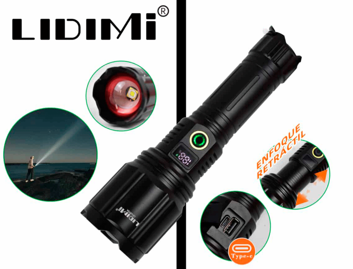 Linterna Profesional de 60W con Indicador de Carga y Enfoque Telescópico