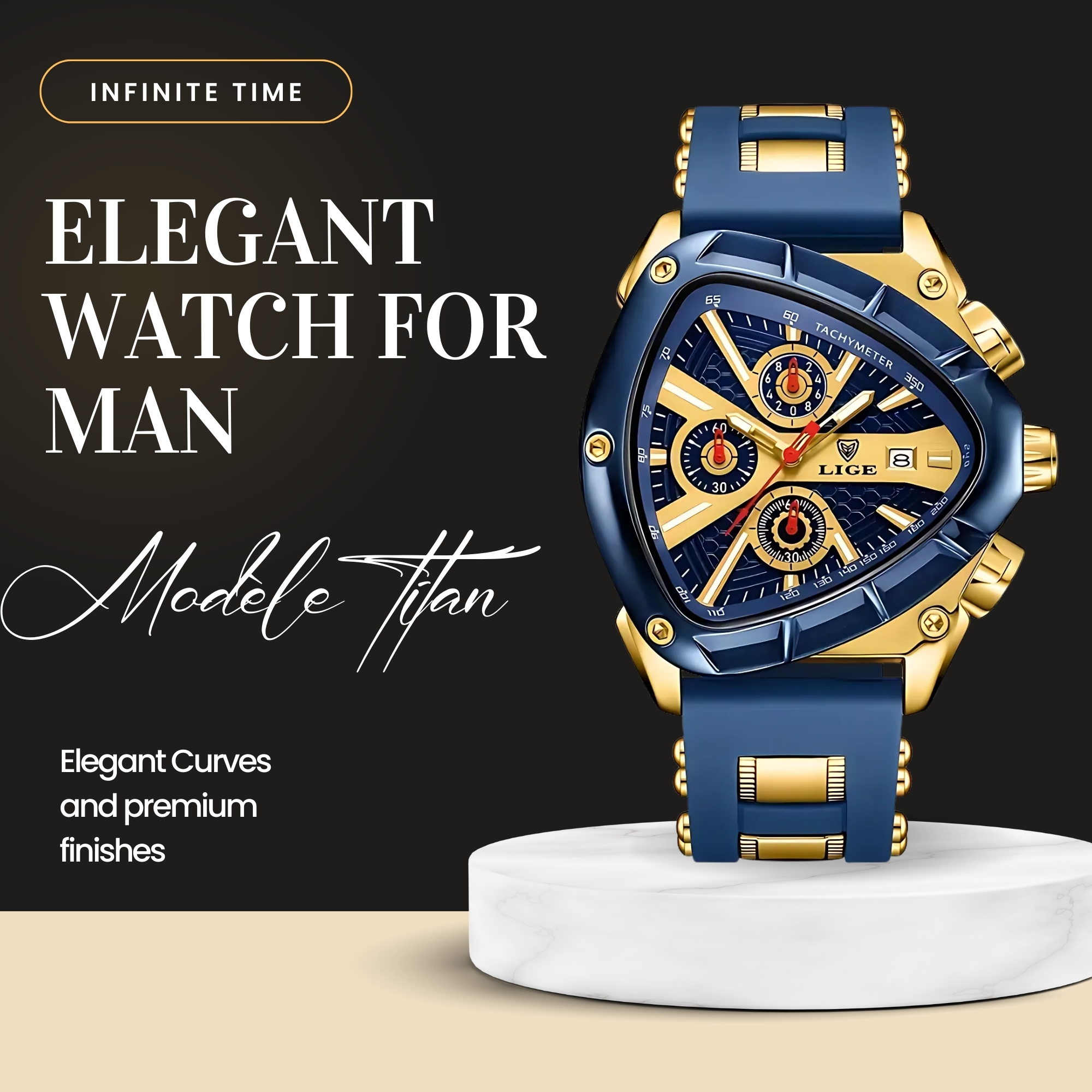 TITAN Montre à quartz sportive pour homme LIGE avec calendrier multifonctionnel, affichage de lumière nocturne et en silicone - Cadran noir, cadre doré, fenêtre de date à 3 heures, haute qualité pour tenue décontractée 