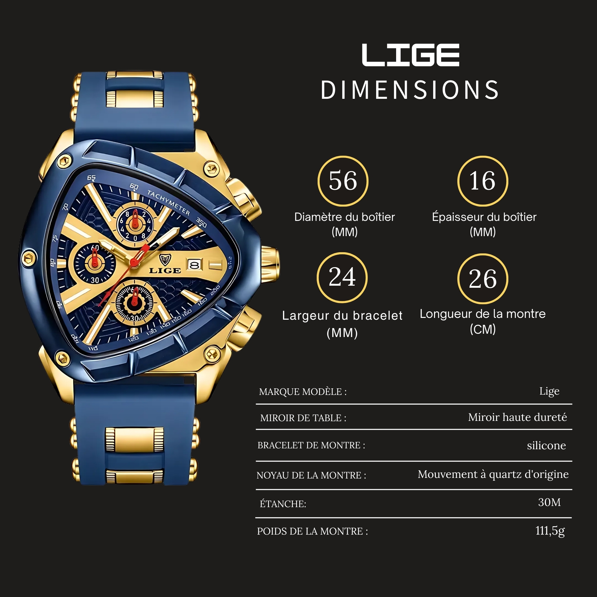 TITAN Montre à quartz sportive pour homme LIGE avec calendrier multifonctionnel, affichage de lumière nocturne et en silicone - Cadran noir, cadre doré, fenêtre de date à 3 heures, haute qualité pour tenue décontractée 