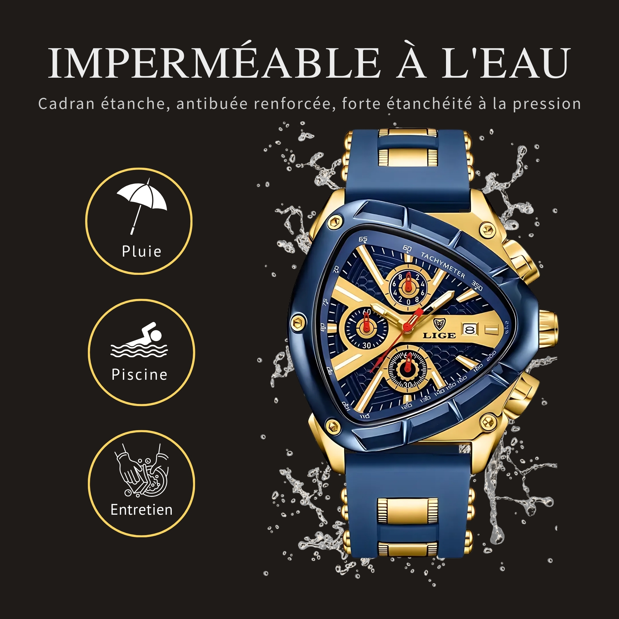 TITAN Montre à quartz sportive pour homme LIGE avec calendrier multifonctionnel, affichage de lumière nocturne et en silicone - Cadran noir, cadre doré, fenêtre de date à 3 heures, haute qualité pour tenue décontractée 