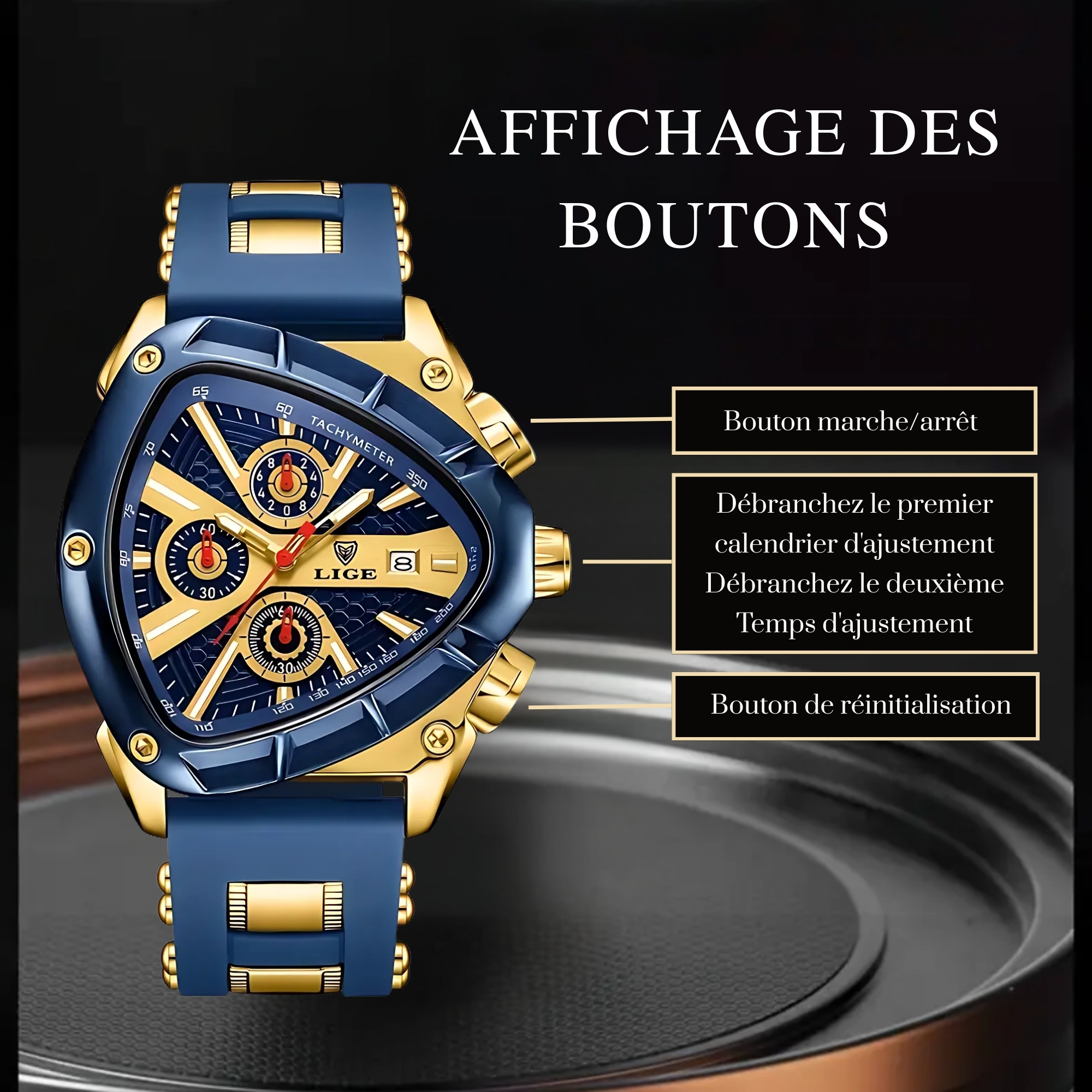 TITAN Montre à quartz sportive pour homme LIGE avec calendrier multifonctionnel, affichage de lumière nocturne et en silicone - Cadran noir, cadre doré, fenêtre de date à 3 heures, haute qualité pour tenue décontractée 