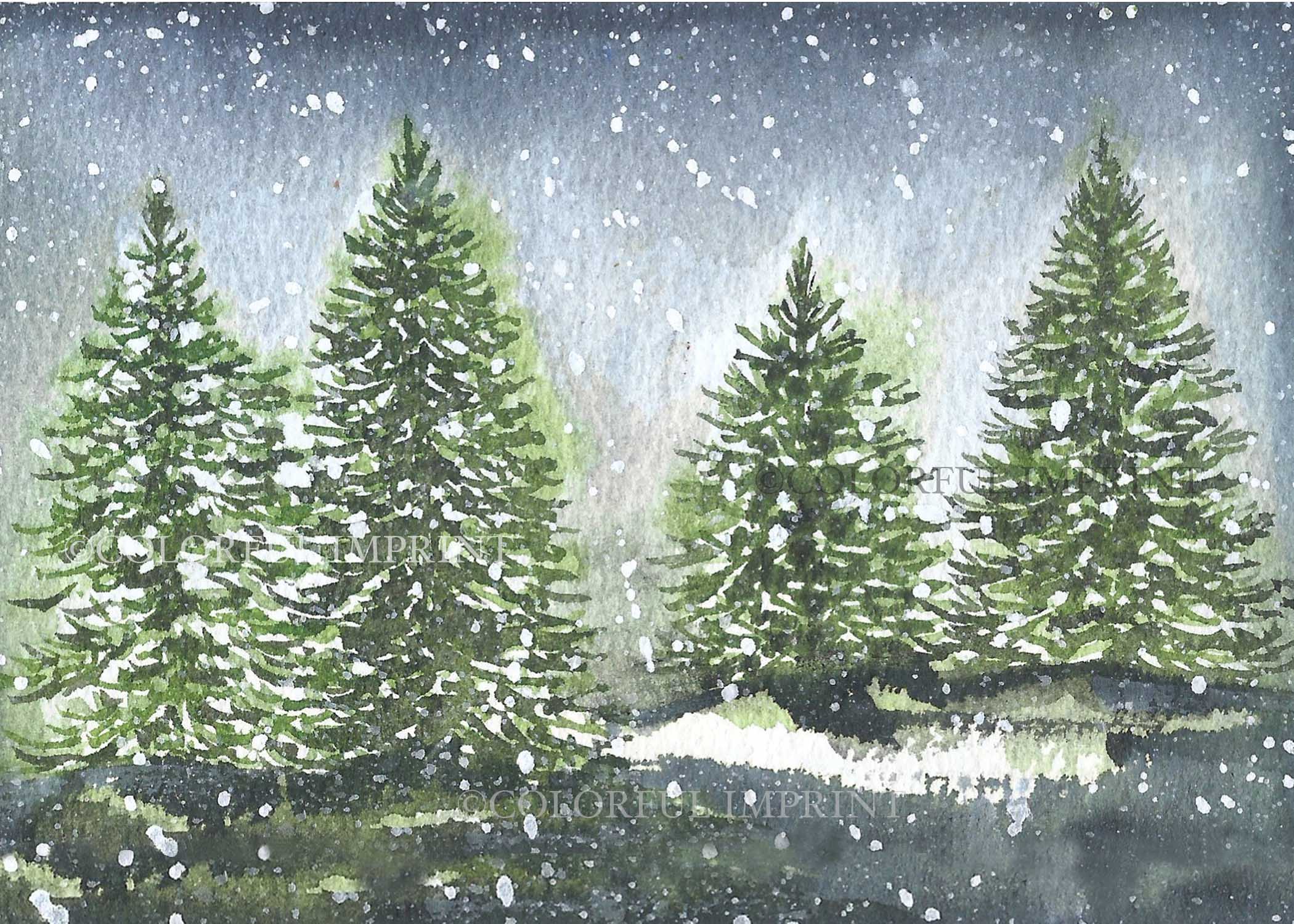 Winter Pine Forest | Hand-Painted Watercolor