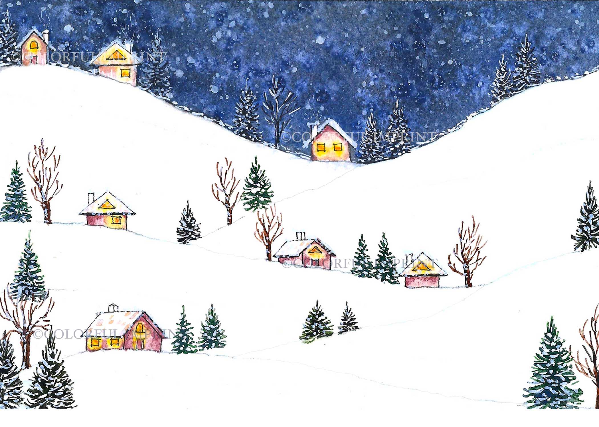 Winter Village | Hand-Painted Watercolor