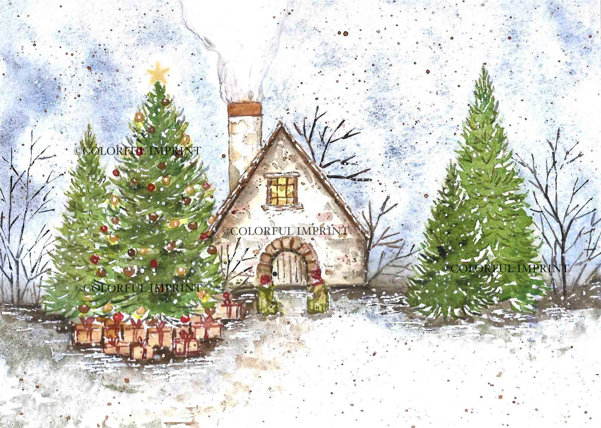 Christmas Cottage | Hand-Painted Watercolor