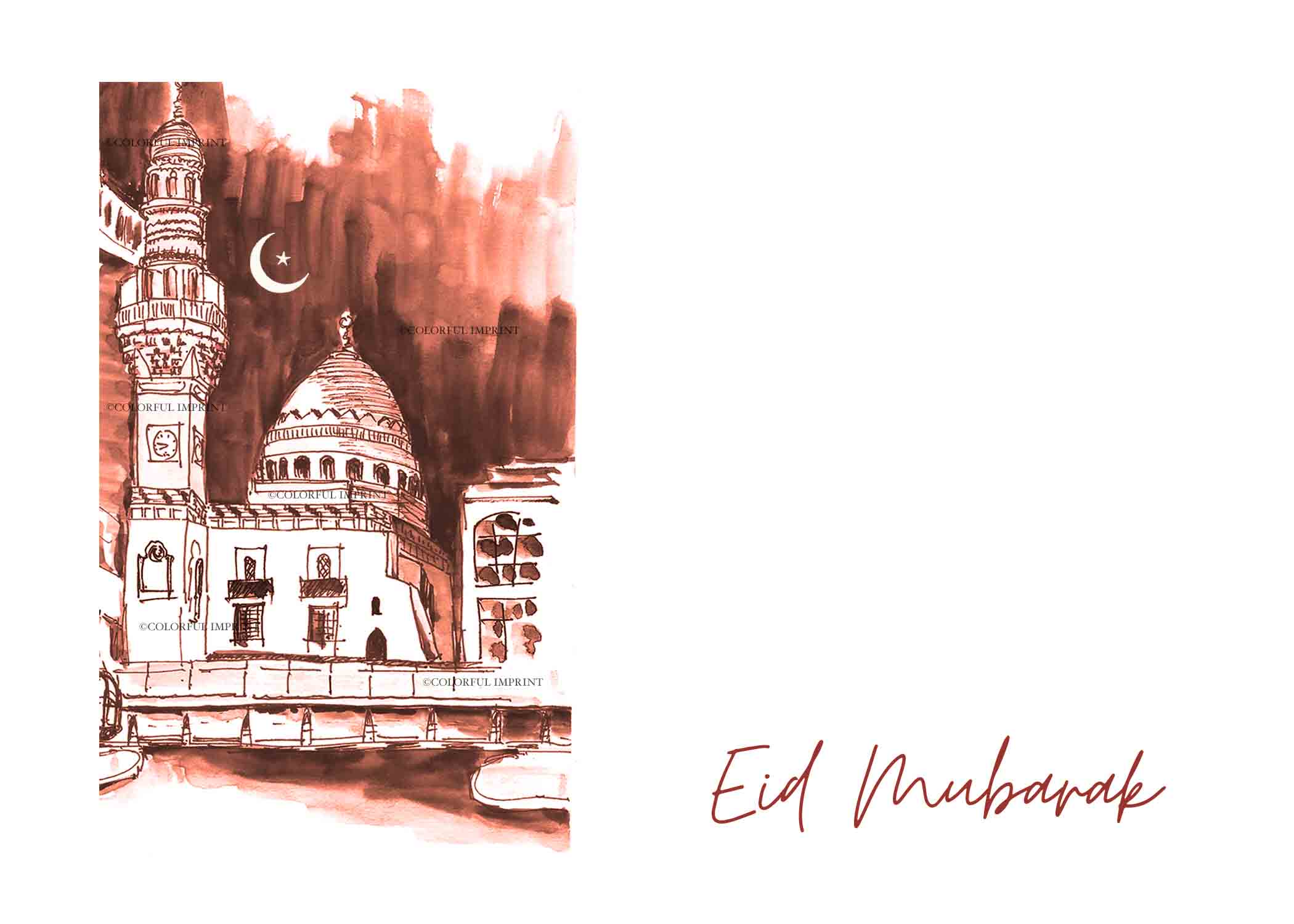 Eid Mubarak Mosque | Hand-Painted Watercolor