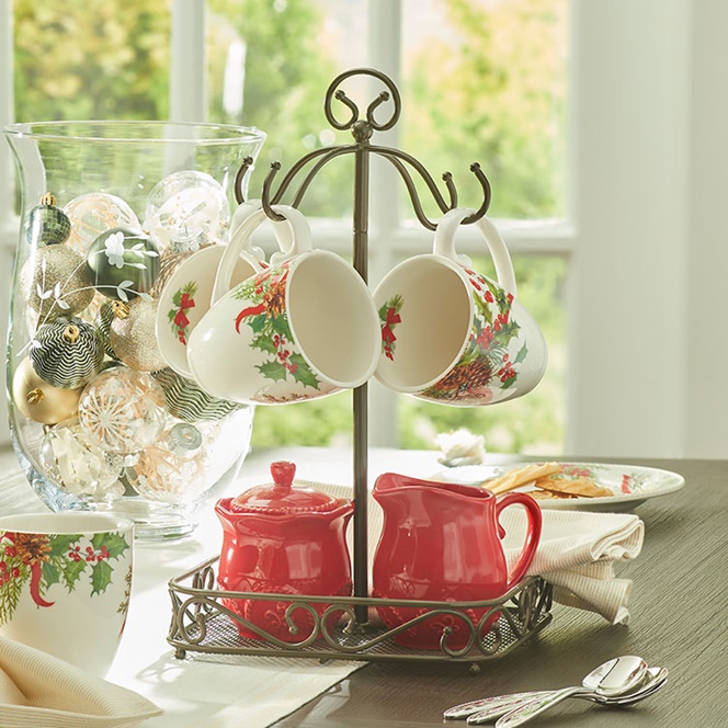 Festive Ceramic Mug Set with Holder
