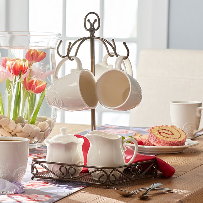 Festive Ceramic Mug Set with Holder